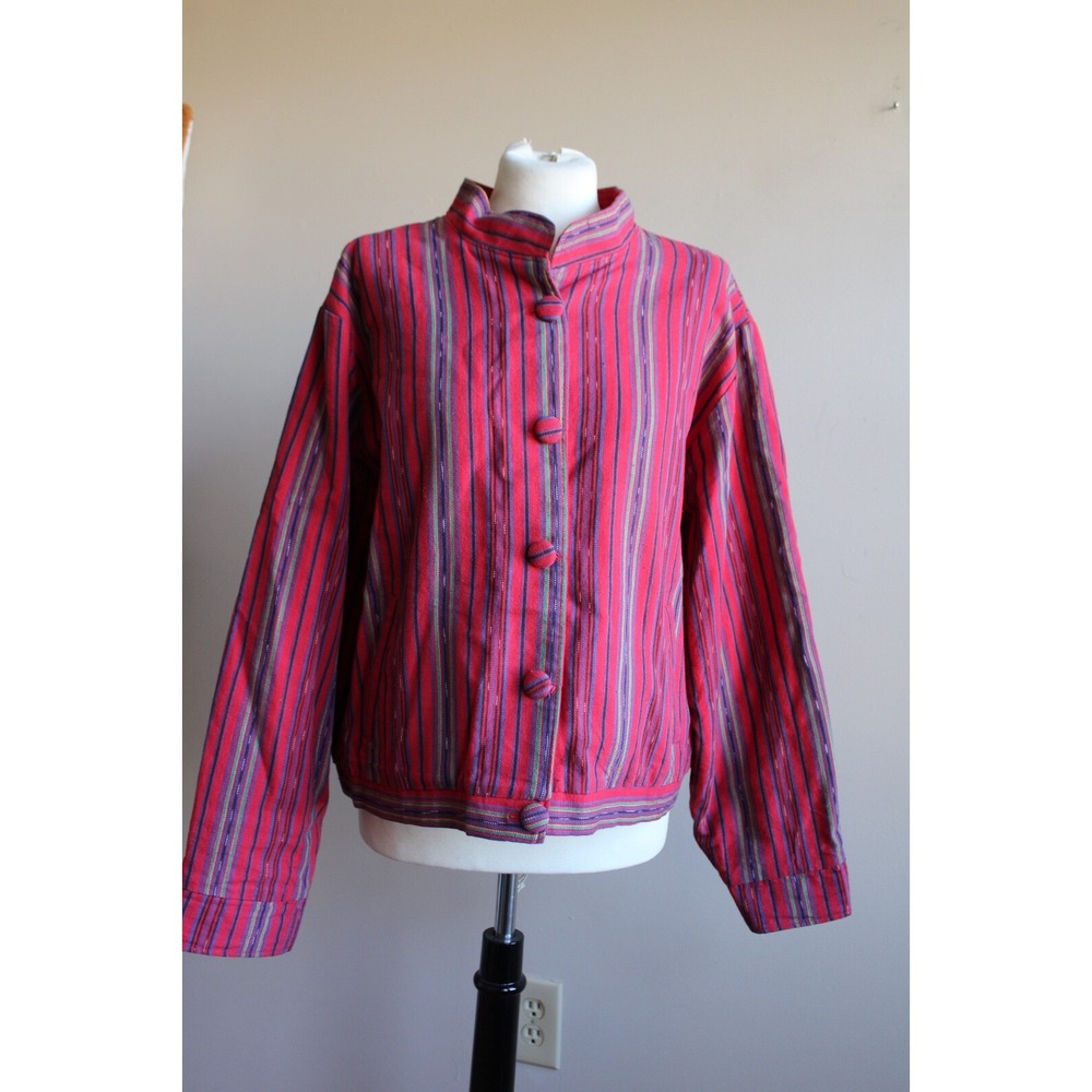 Unique Batik L Red Multicolor Striped 100% Cotton Button Front Jacket Raleigh NC
